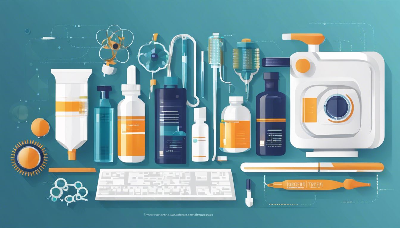A bottle of FDA-approved hair loss medication surrounded by scientific equipment in a clinical setting.