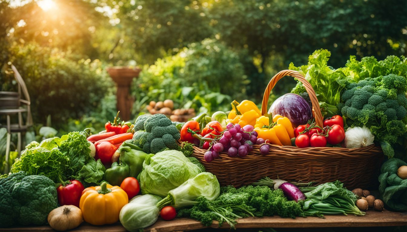 A bountiful garden filled with ripe, colorful vegetables and vibrant greenery.
