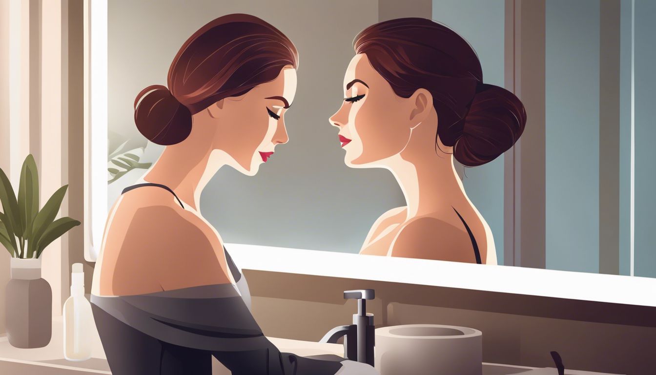 A woman using Minoxidil on her scalp in bathroom mirror.
