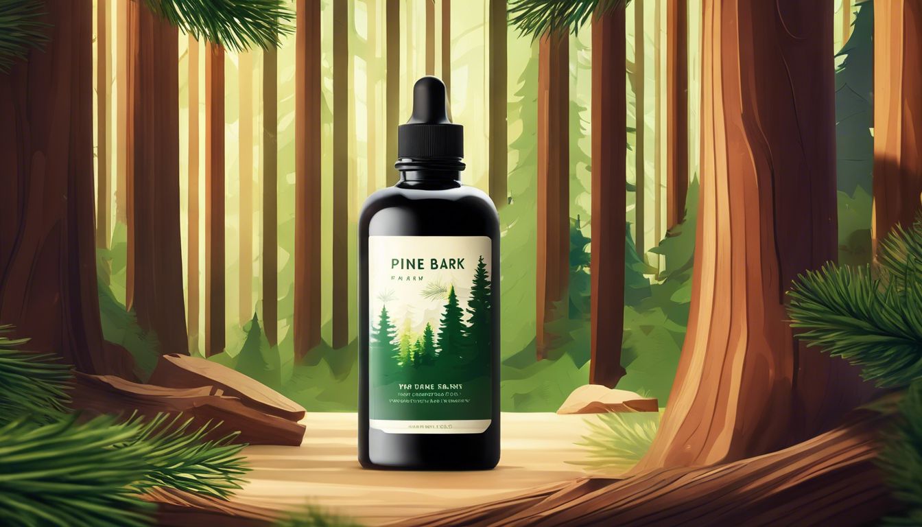 Flat design pine bark extract surrounded by pine trees, showcasing natural setting.