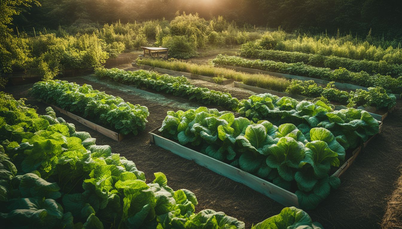 A thriving vegetable garden with neatly arranged rows surrounded by lush greenery.