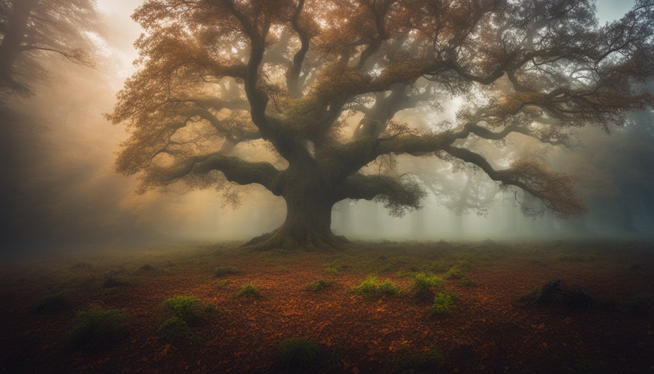 A solitary oak tree in a misty forest captured in vibrant color.