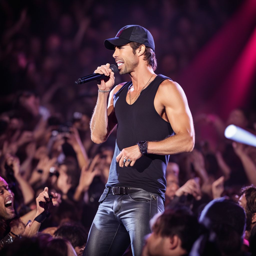 Enrique Iglesias performing on stage in front of massive crowd.