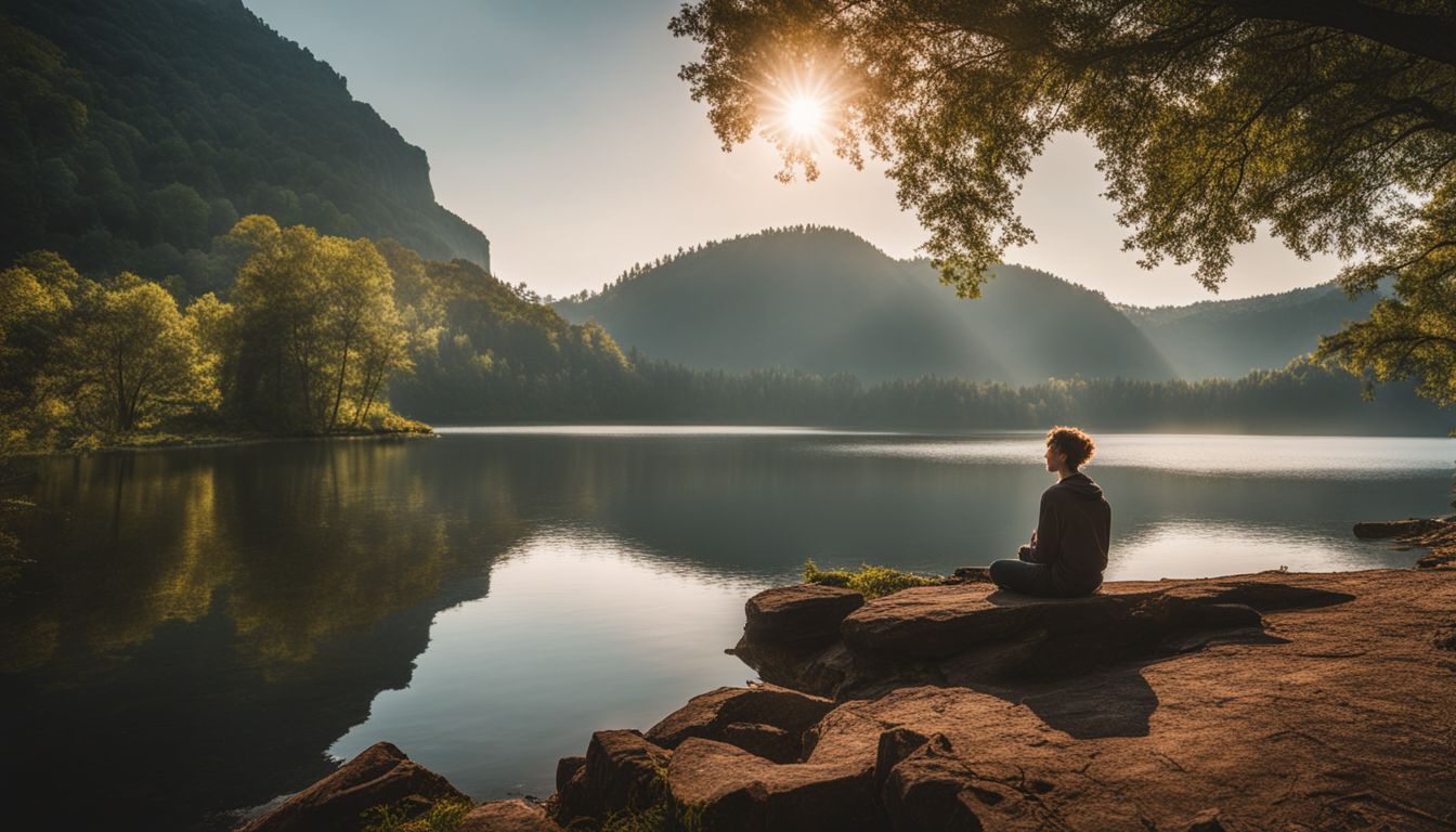 A lone figure sitting by a serene lakeside in nature.