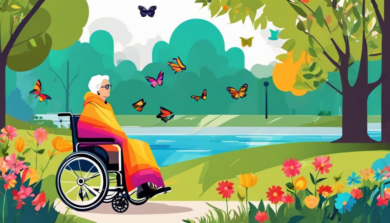 Een oudere persoon in een rolstoel genietend van de natuur in het park.