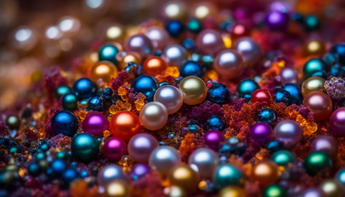 A display of multicolored gemstones, The Fijian pearls resting on vibrant coral reefs in a bustling underwater atmosphere.