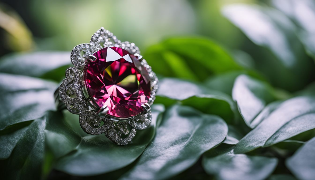 A sparkling gemstone surrounded by lush greenery in a vibrant and bustling natural setting.