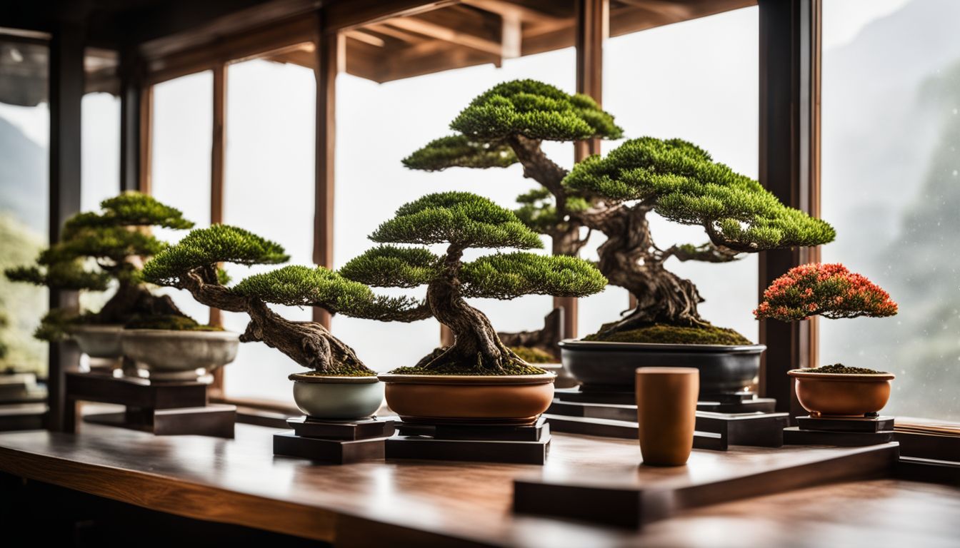 A collection of beautifully styled bonsai trees displayed in elegant stands.