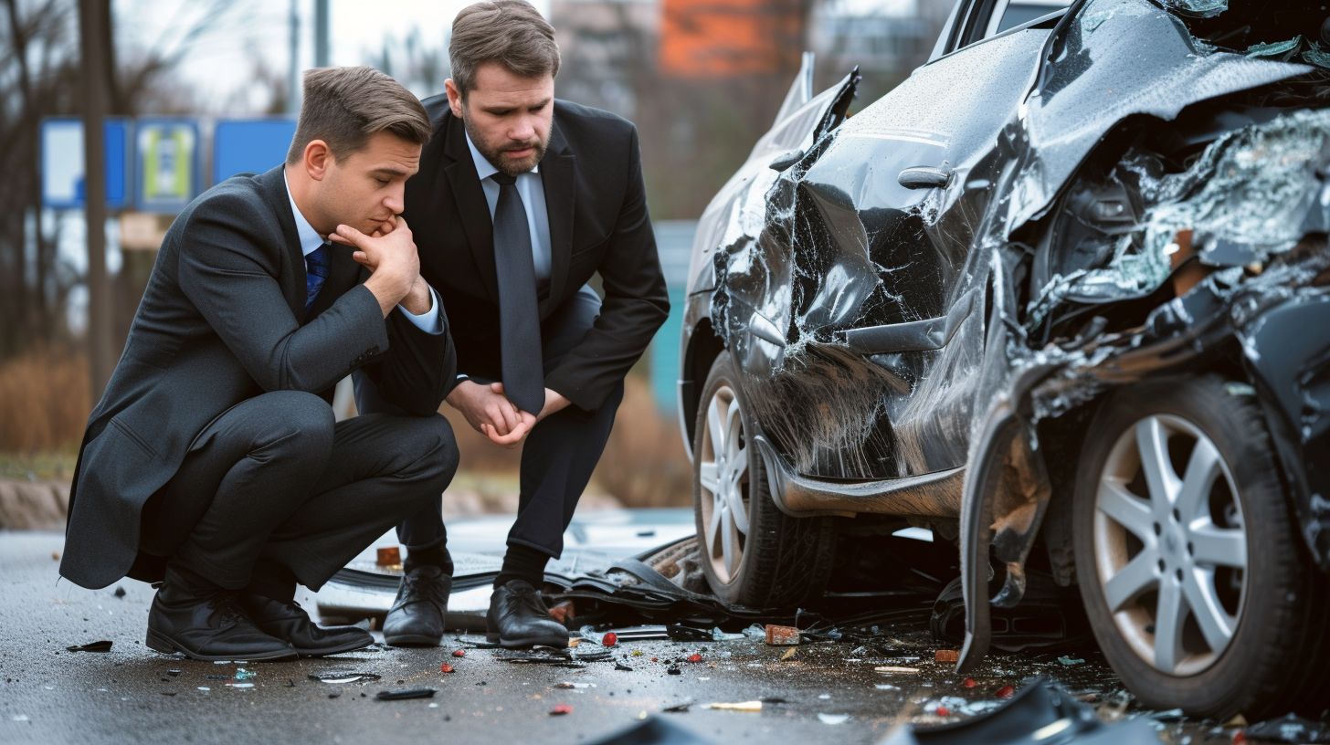 A lawyer comforting a distressed client after a car crash.