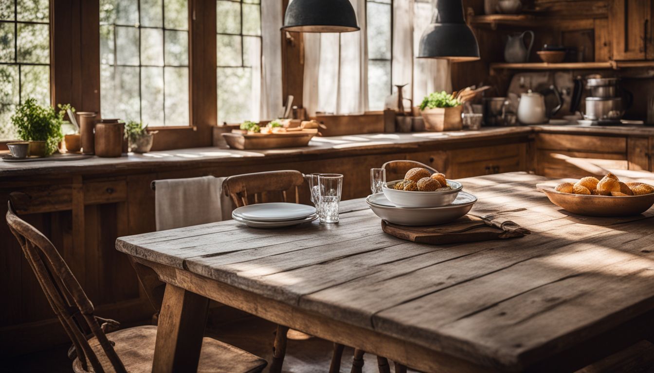 A sunlit rustic kitchen with a weathered wooden table and bustling atmosphere.