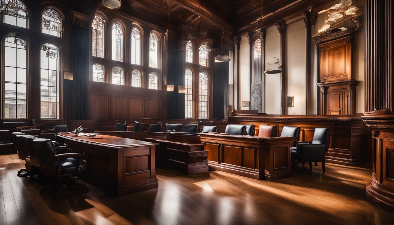 An empty courtroom with legal documents, a gavel, and cityscape backdrop.