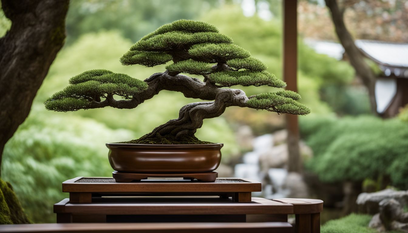 A bonsai tree on a wooden stand in a serene Japanese garden.