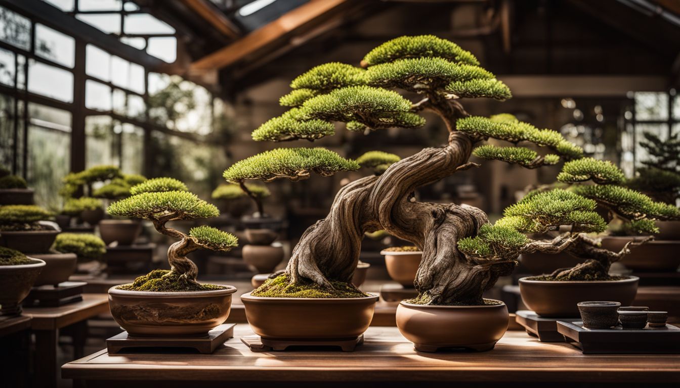 A collection of stunning bonsai trees in formal ceramic pots.