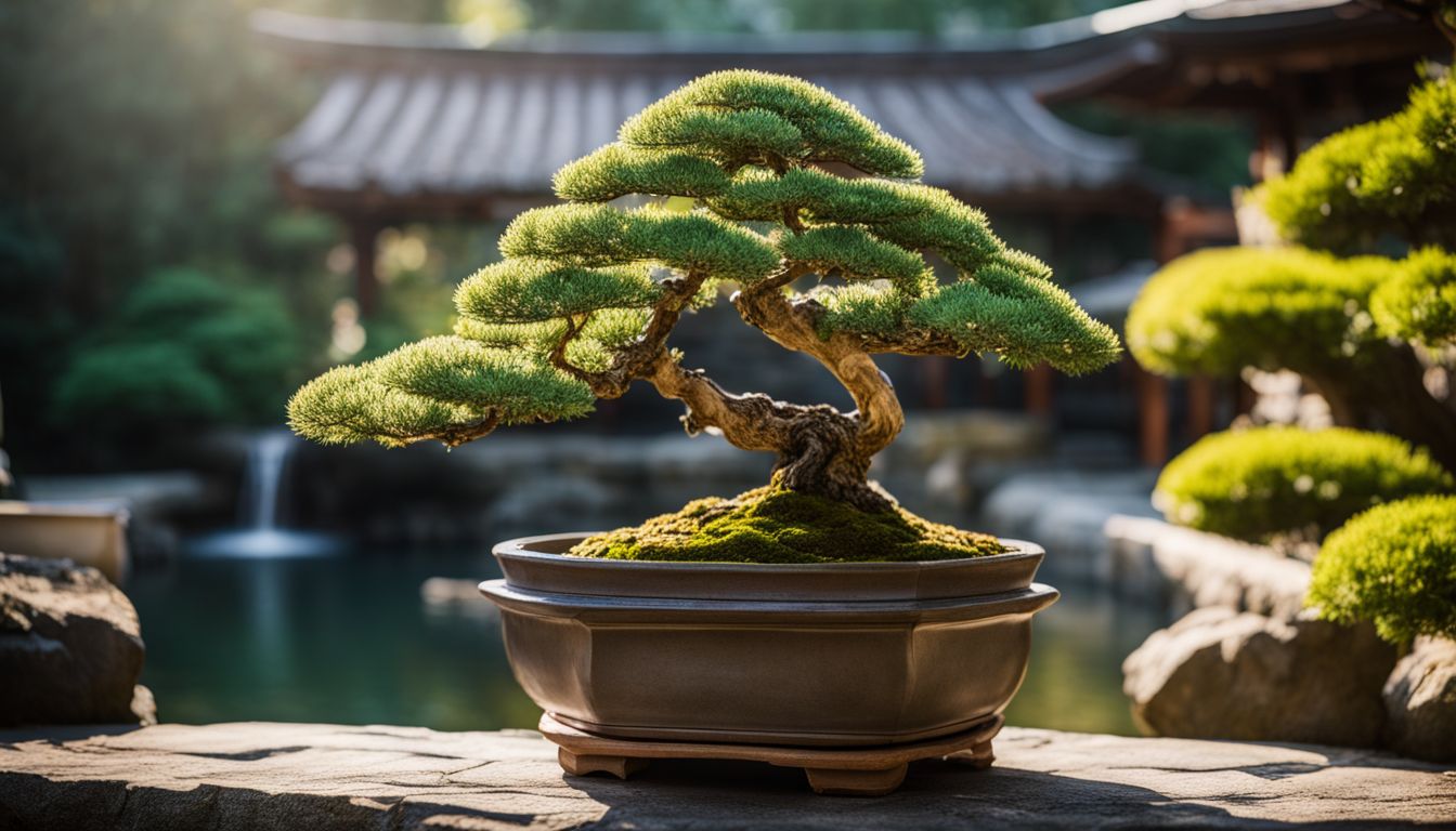 A beautifully crafted bonsai tree in a traditional Japanese garden.