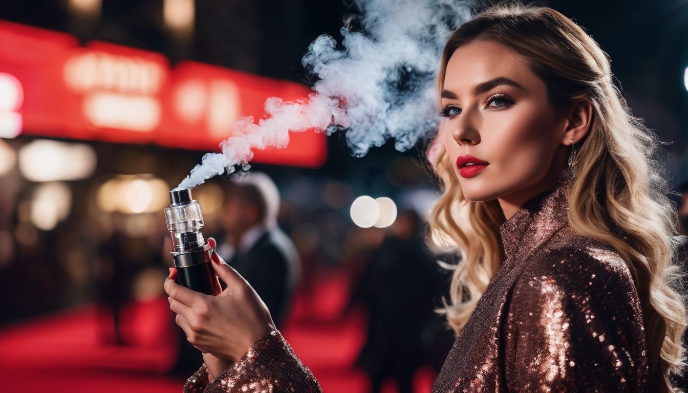 A female celebrity vaping on a glamorous red carpet event.