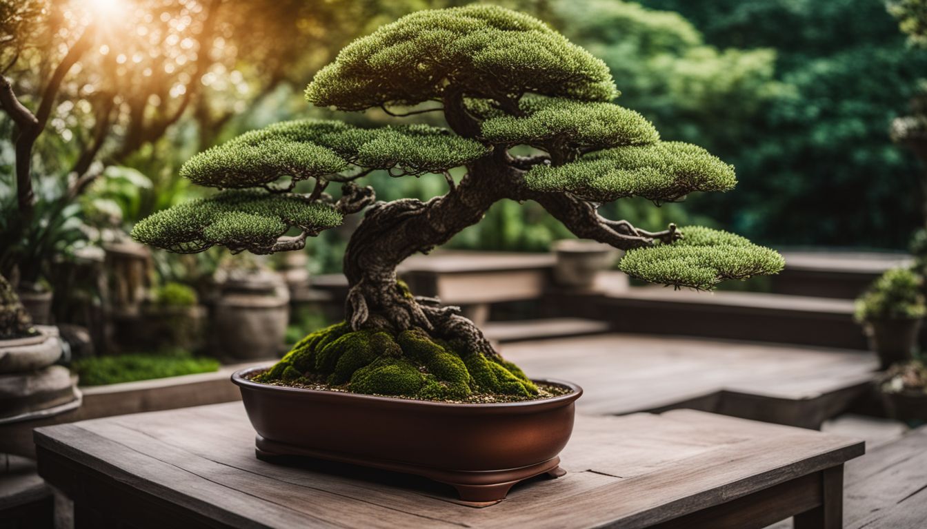 A picturesque outdoor bonsai tree surrounded by greenery on a garden patio.