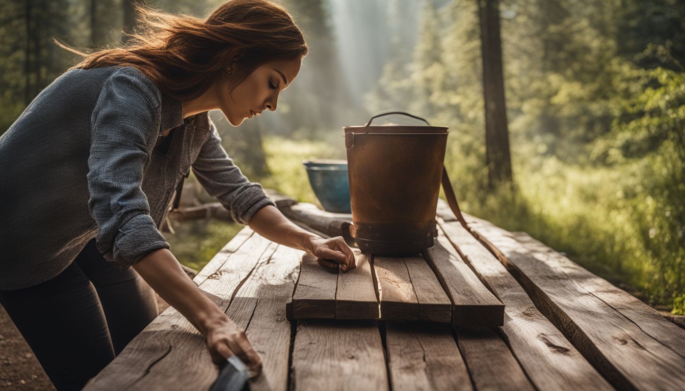 A person painting wooden surface in rustic outdoor setting.