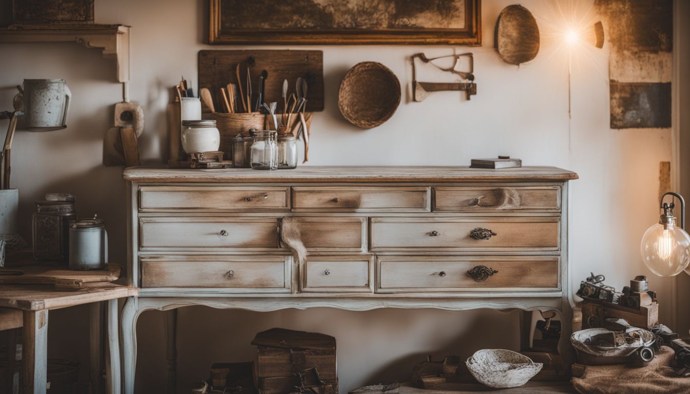 A vintage dresser surrounded by DIY tools and interior design photography. What-is-the difference between whitewash and chalk paint