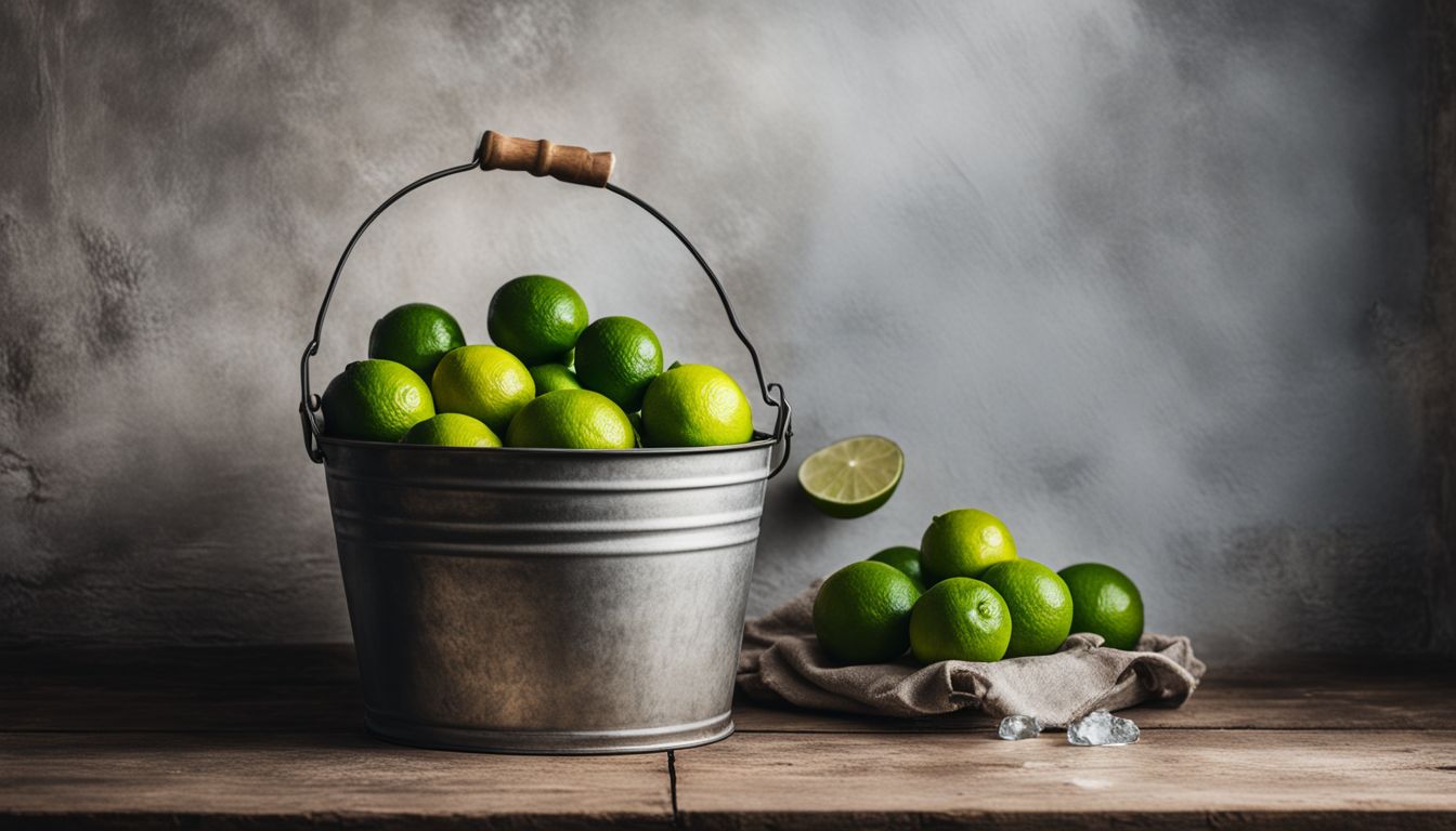 A bucket of lime and water mixture against a rustic whitewashed wall.