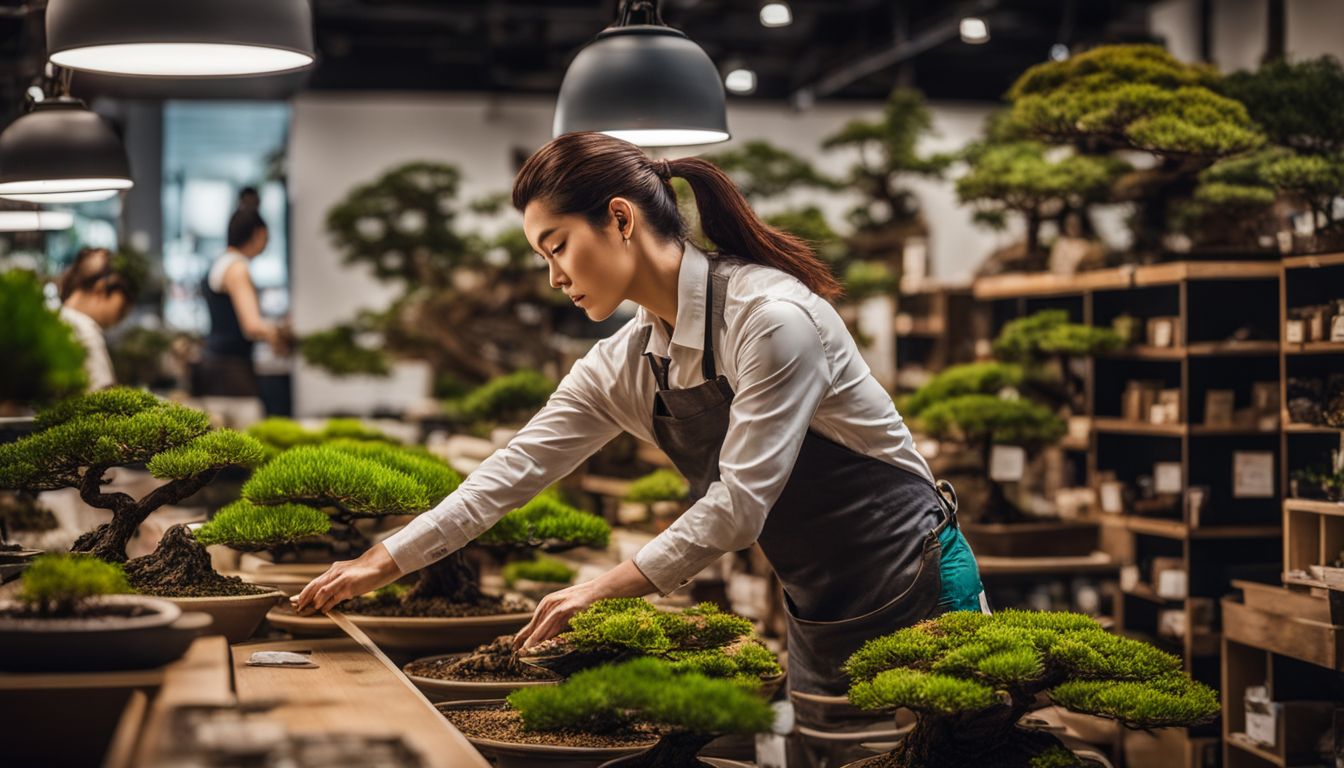 A person choosing bonsai materials in a bustling specialized store.
