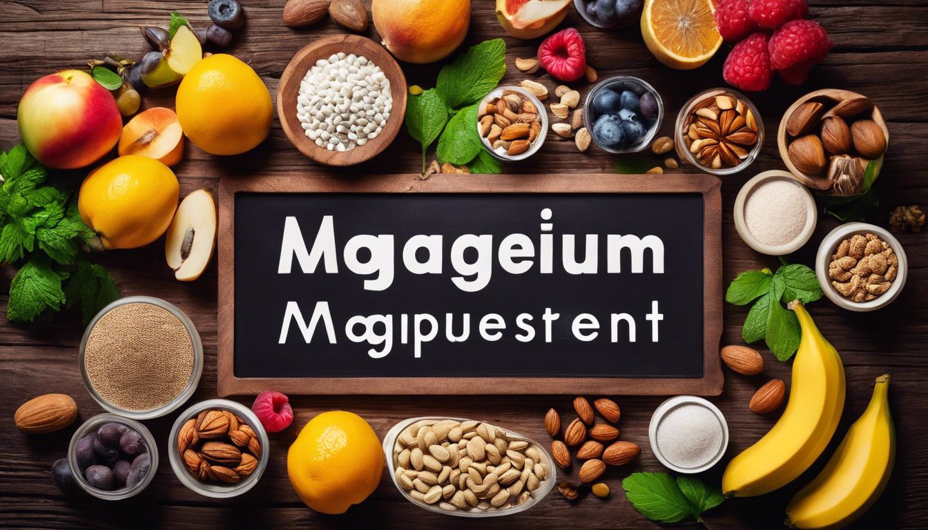 Verschillende soorten magnesiumsupplementen op een houten tafel met gezond voedsel.