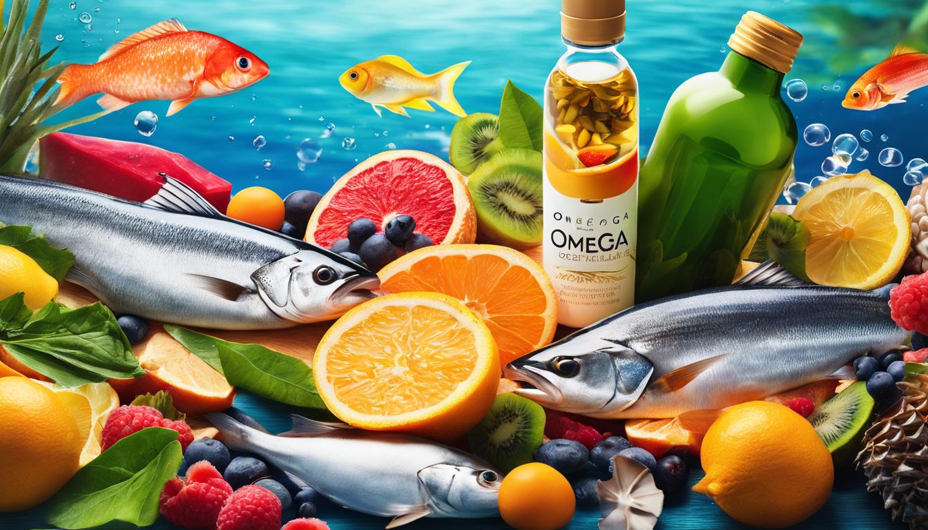 Een fles Omega-3 capsules omringd door verse vis en kleurrijk fruit.