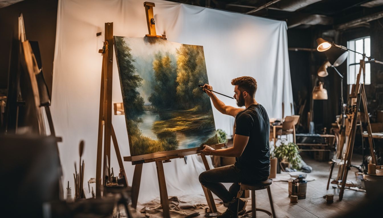 An artist painting in a studio with a variety of subjects.