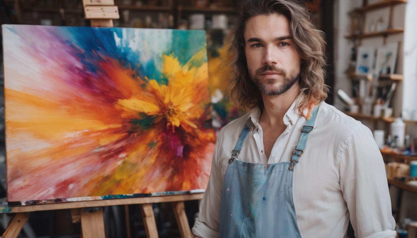 An artist in an art studio with a colorful canvas.