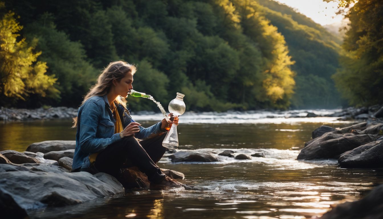 A person using a bong at a peaceful riverbank in nature.