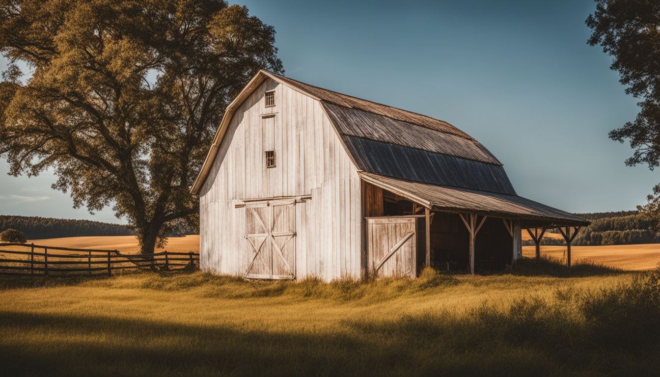 A rustic barn in a sun-soaked countryside with diverse people.