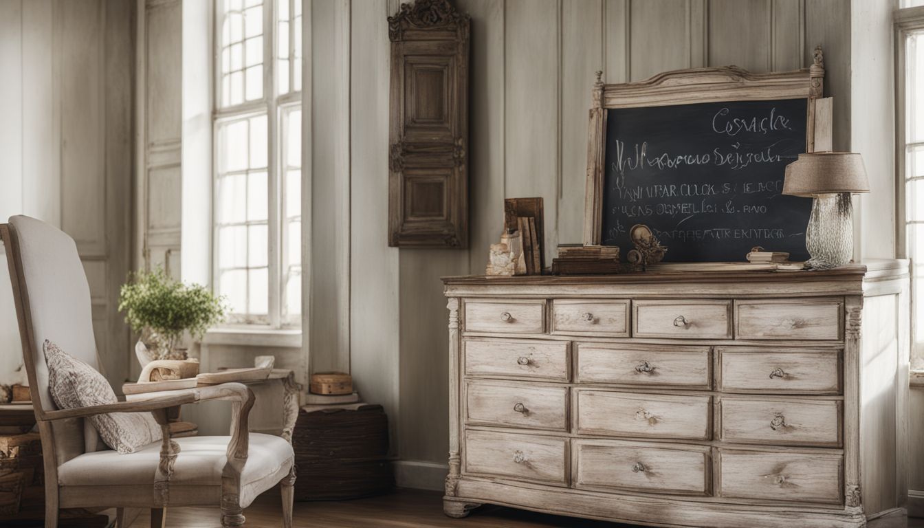 A beautifully whitewashed antique dresser in a bright, airy room.