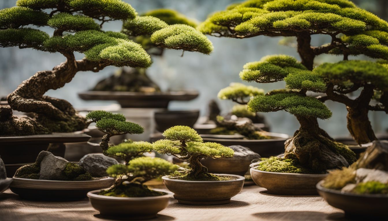 A collection of diverse Bonsai trees in a Japanese garden.