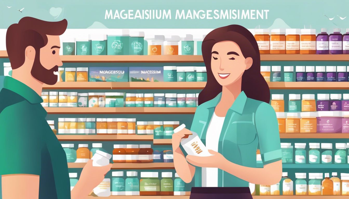 Diverse groep mensen neemt magnesiumsupplementen in natuurwinkel.