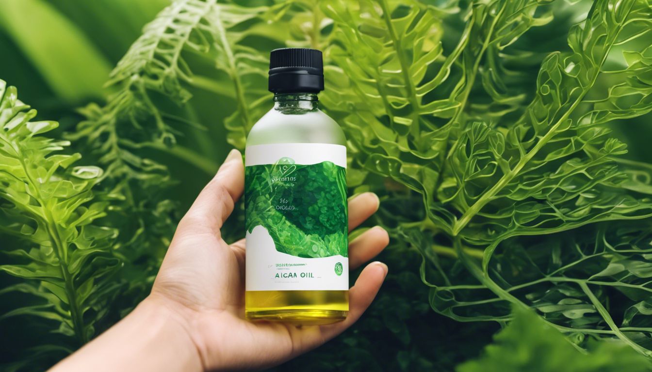 Persoon houdt fles algenolie vast met groene vegetatie op achtergrond.