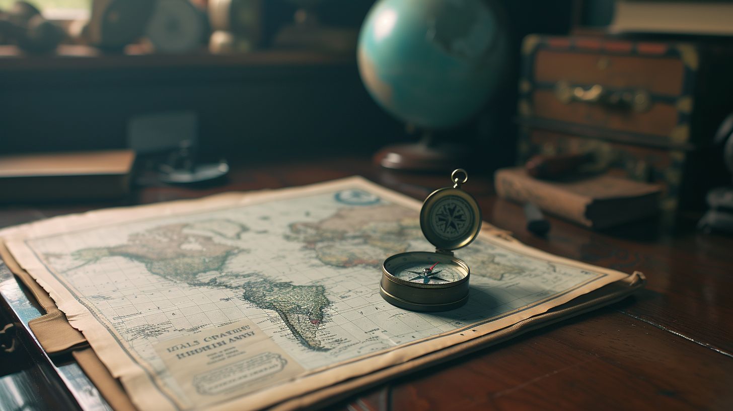 A compass, map, and globe arranged on a wooden desk.