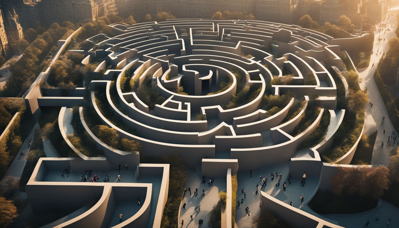 A maze surrounded by diverse content and financial documents.