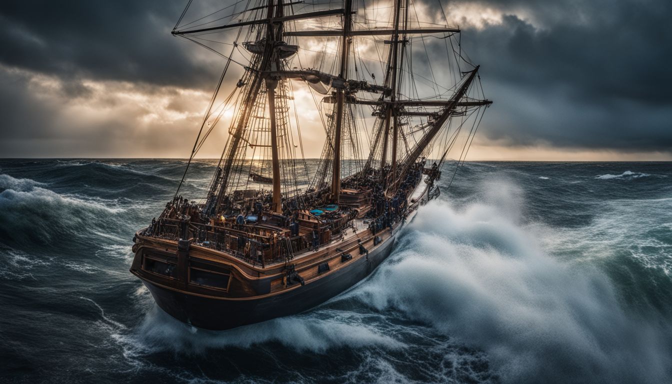 A sailing ship navigating through stormy seas with diverse crew members.