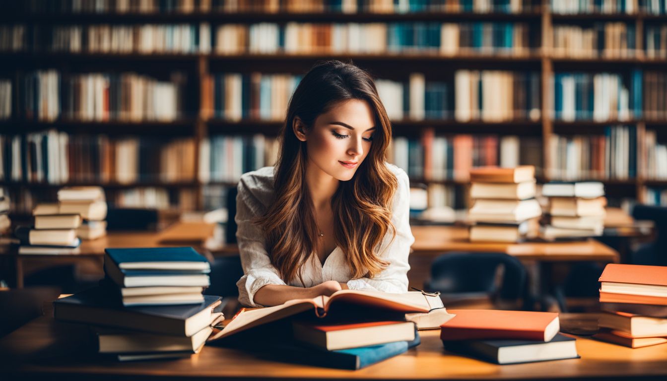 A graduate student studying in a university library surrounded by books.