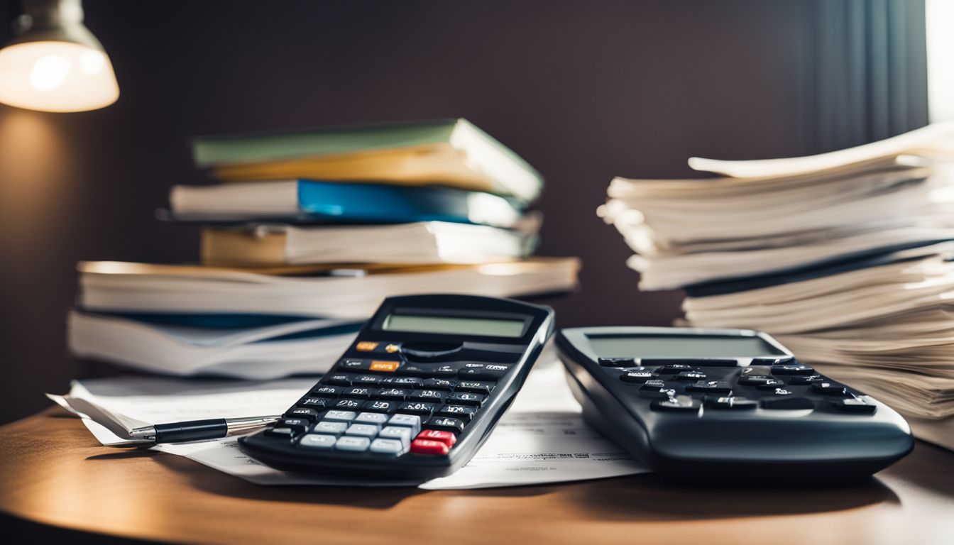 A stack of financial documents and a calculator on a desk in a busy office.
