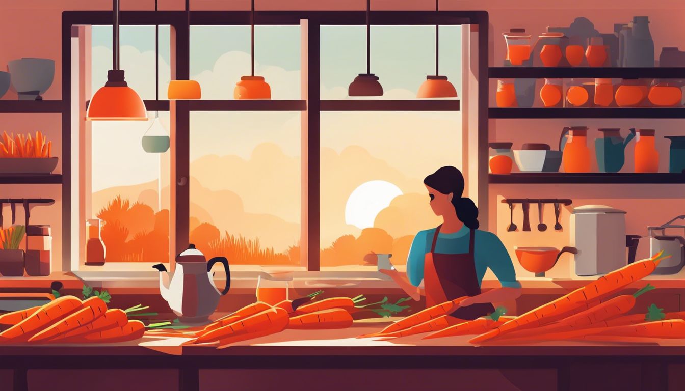 Een persoon omgeven door stapels wortels en een kan wortelsap in een keuken.