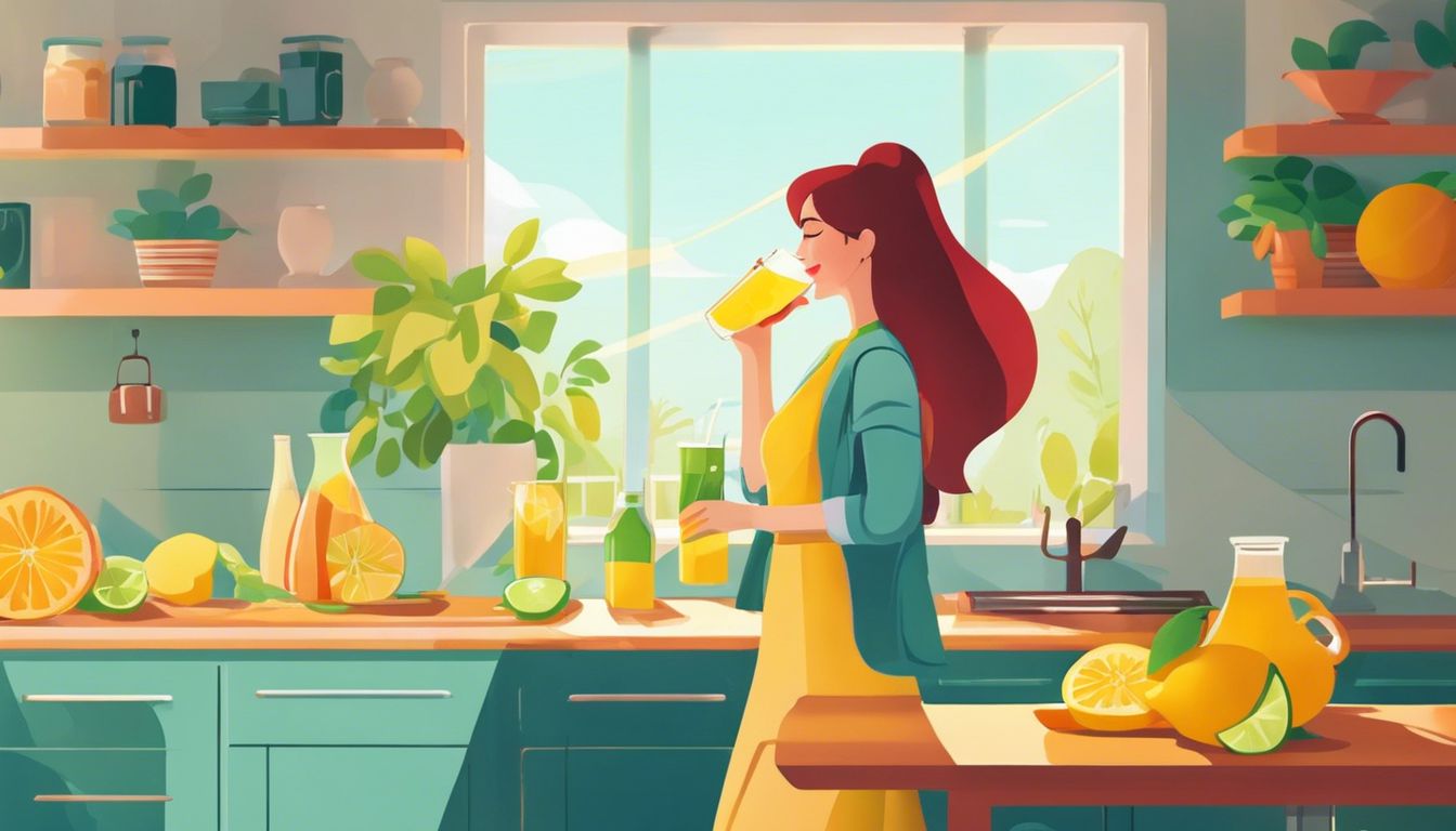 Een vrouw drinkt een verfrissende gember- en citroen-detoxdrank in een levendige keuken.