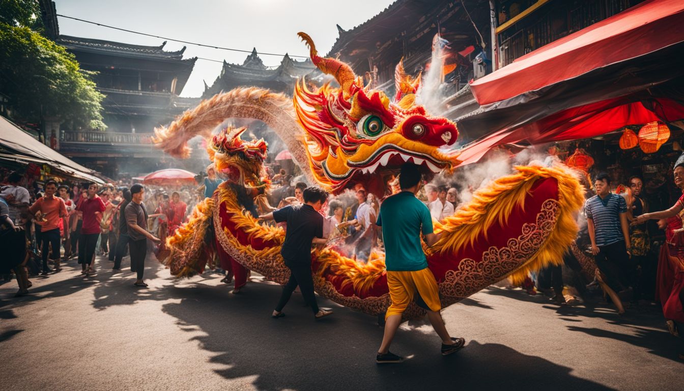 Une danse de dragon animée dans un marché de rue thaïlandais.