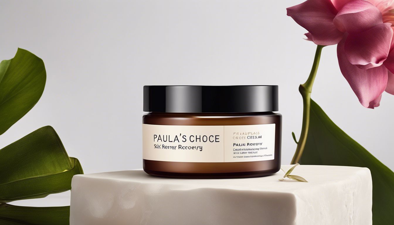 Een potje Paula's Choice Skin Recovery nachtcrème omgeven door luxe stoffen en natuurlijke fotografie, met nadruk op de elegante verpakking en kalmerende eigenschappen.