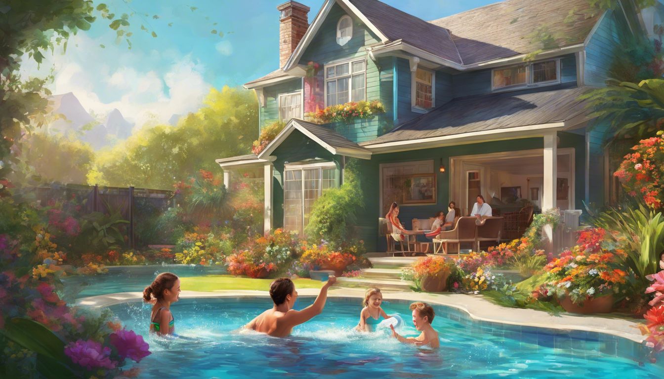 A family enjoying a clean, covered swimming pool in their backyard.