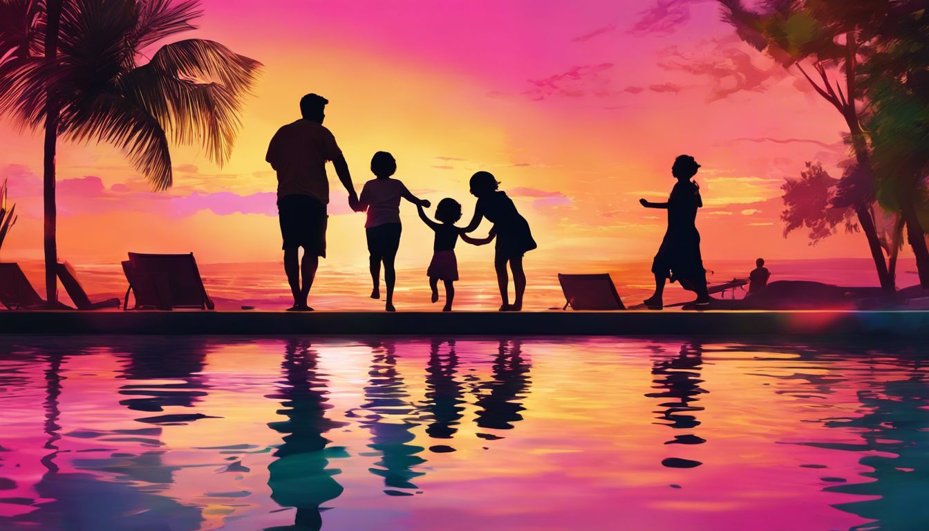 A family enjoying pool time at sunset, playing in silhouettes.