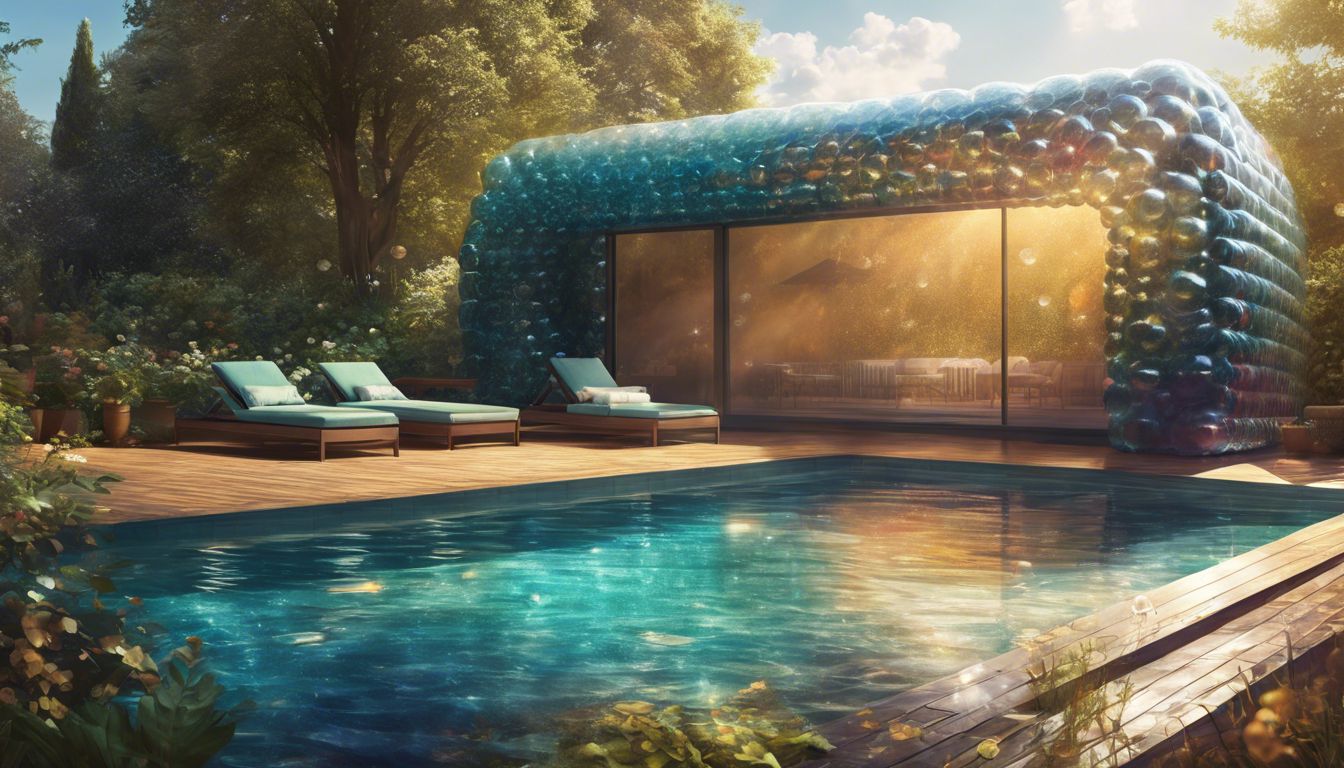 A swimming pool with a bubble wrap cover, surrounded by a sunny outdoor environment, evoking a sense of leisure and tranquility.