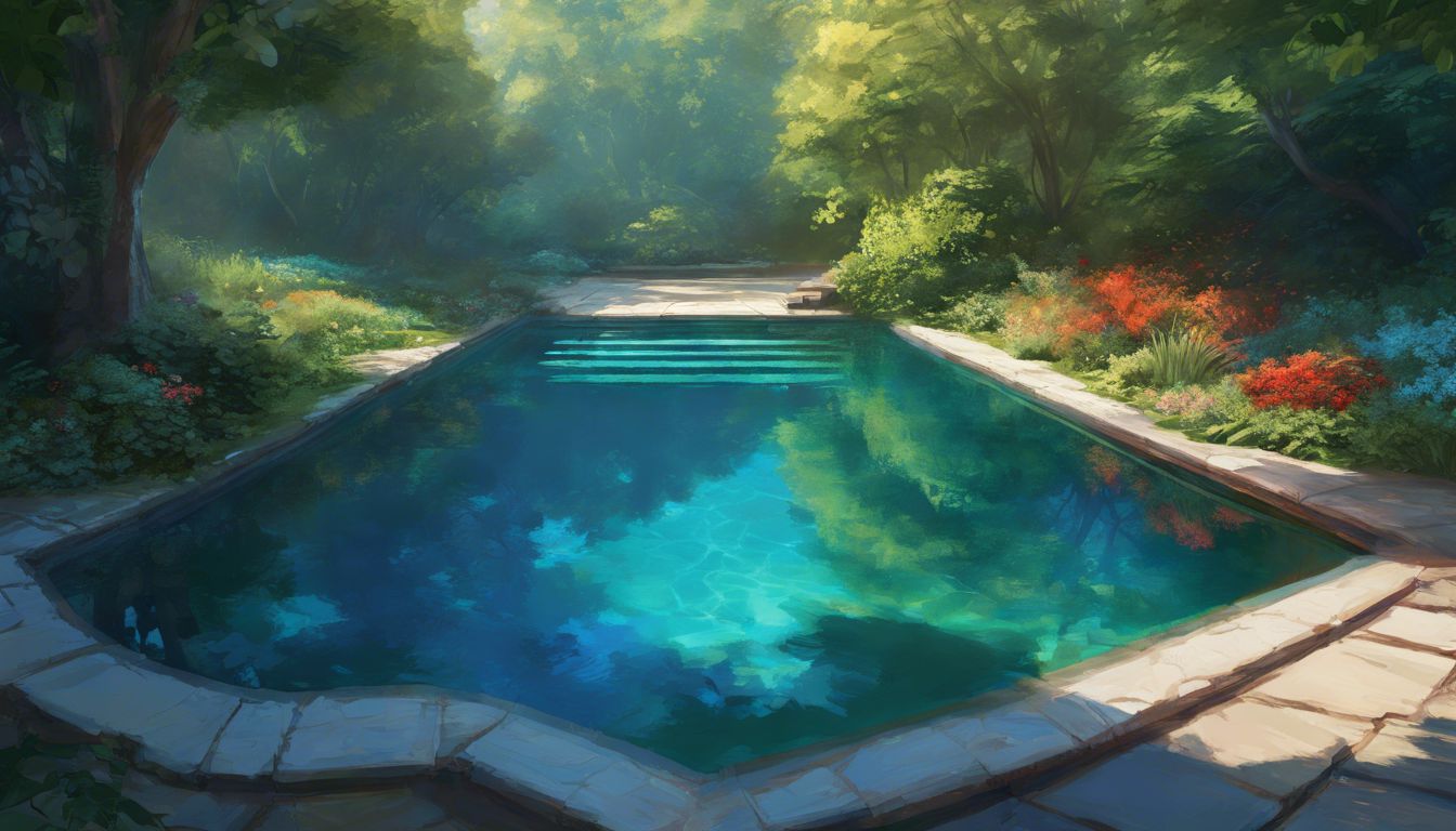 A pool cover over a serene blue pool surrounded by lush greenery.