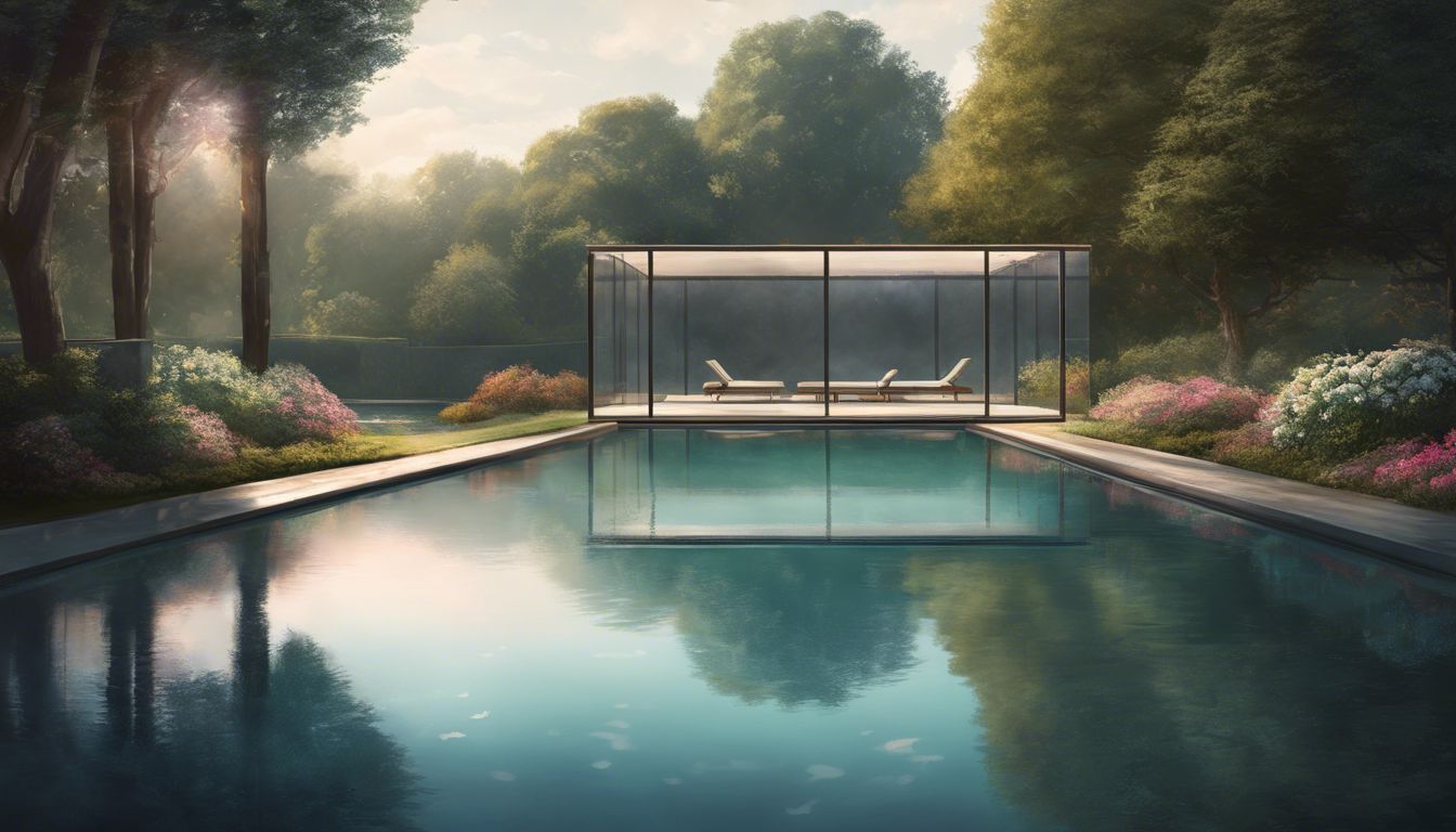 A closed swim pool cover reflects on calm water in a peaceful poolside setting.