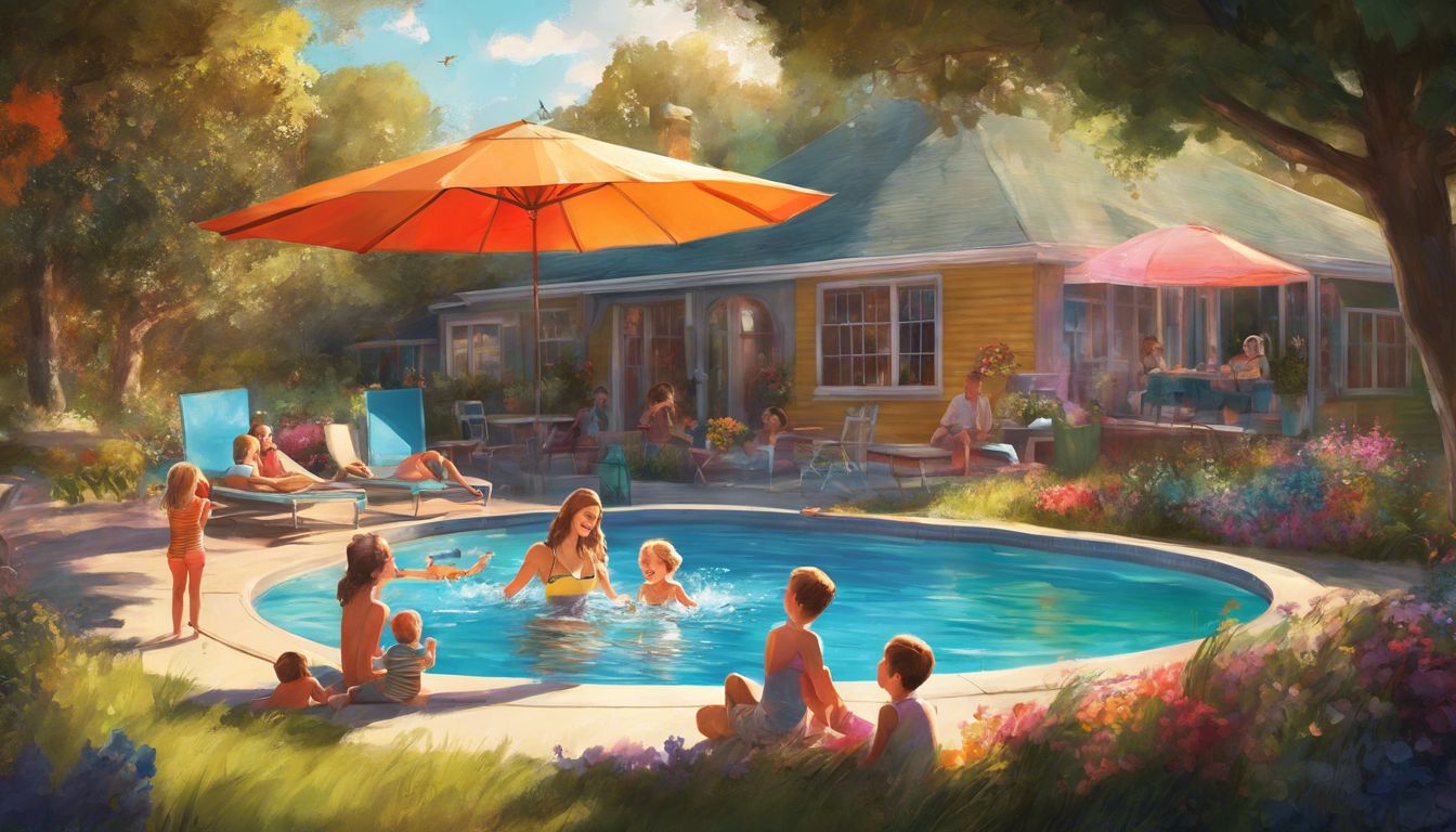 A family having a joyful pool party under a safety cover.