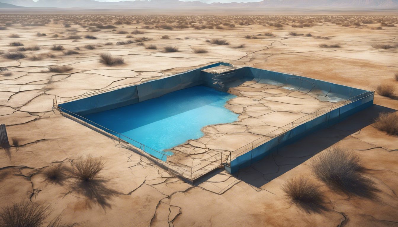 An isolated pool covered with safety cover in a barren desert.